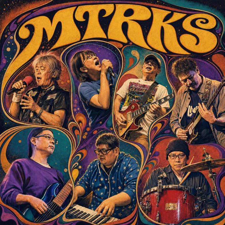 MTRKSのロゴと7人のバンドメンバー。70年代サイケデリックのフライヤーアート